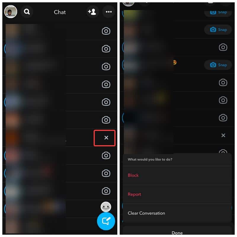 Clicking X next to a name on Snapchat