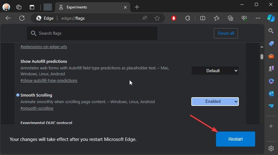Restart to enable Edge flag