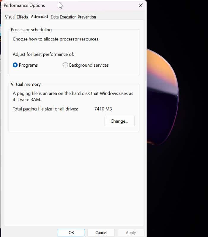 Change Virtual Memory settings