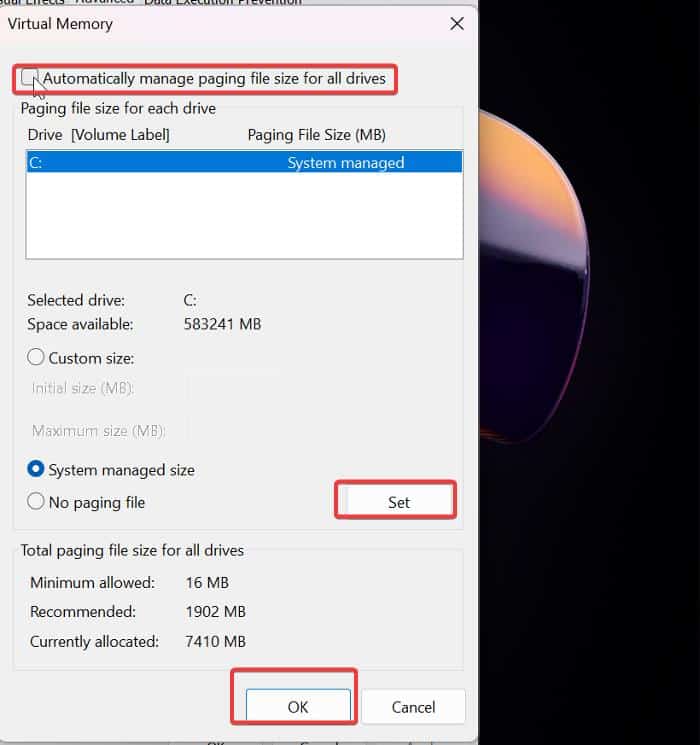 Manage paging file on your PC