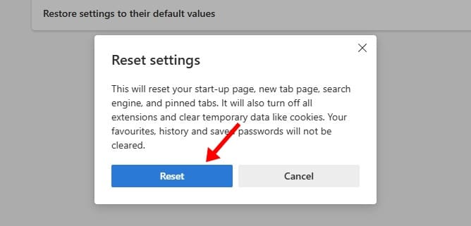 Reset settings