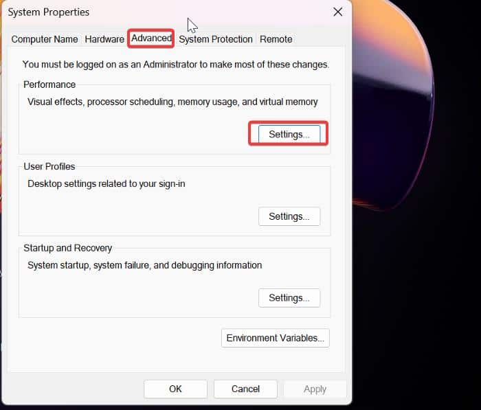 Performance Settings on Windows computer