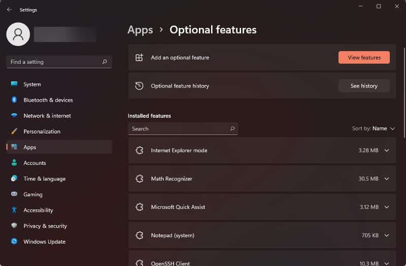 Remove Optional Features in Windows 11
