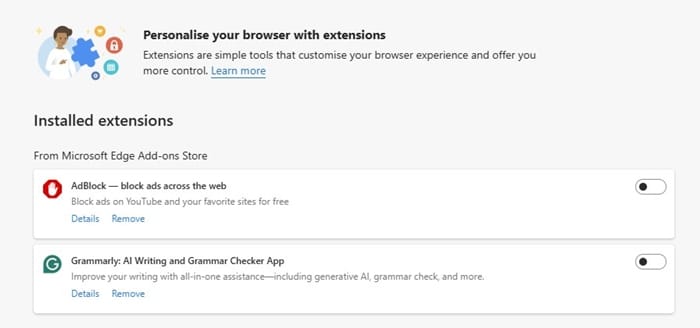Turn off the Browser Extensions