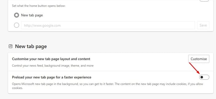Turn off the Preload New Tab Page