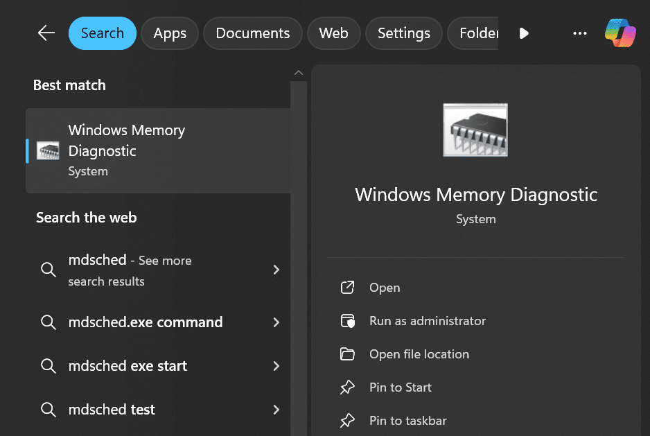 open windows memory diagnostic tool