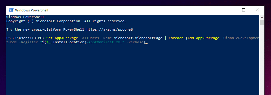 reinstall edge using powershell